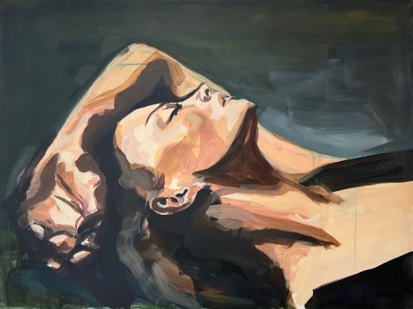 Veronica Wells portrait painting of a female figure laying on her back with her arm draped over her forehead