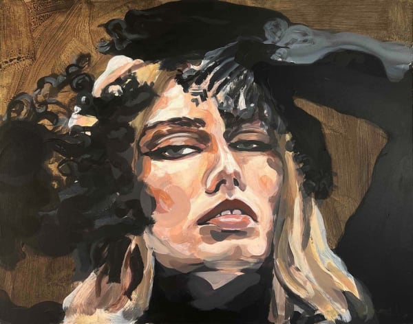 Veronica Wells painting of an editorial style portrait, a blonde women in black clothing poses with her head back and gaze towards the viewer, the background is brown.