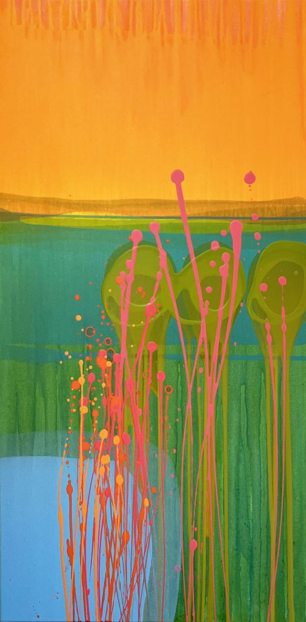 Charlotte Cornish abstracted painting in reds, yellows, blues and greens