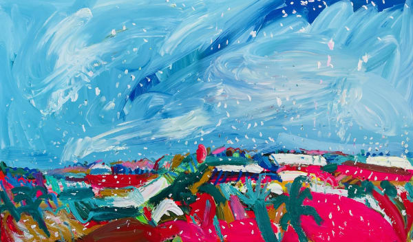 Emily Powell landscape in bright colours with snow falling from the leaden sky