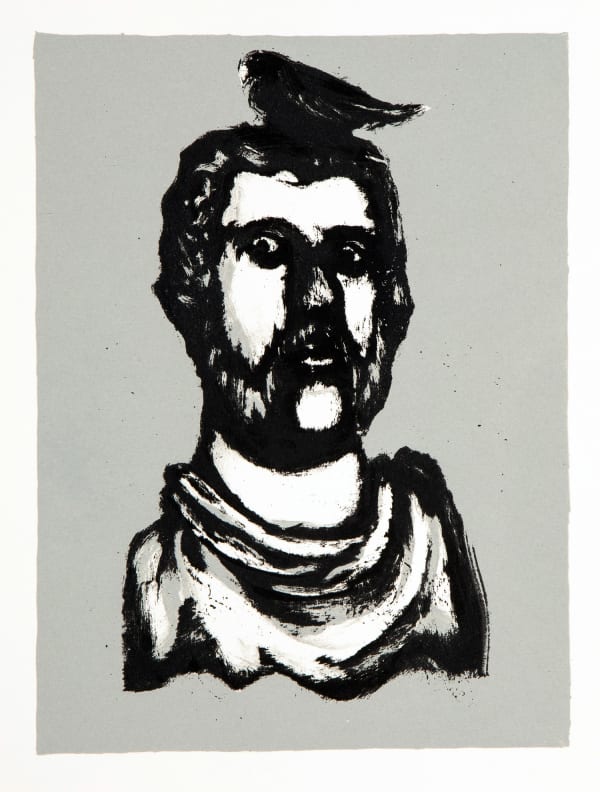 Mychael Barratt black and white print on a grey background of an emperors head, a black bird comically rests on his head as the emperor expresses an alarmed look on his face.