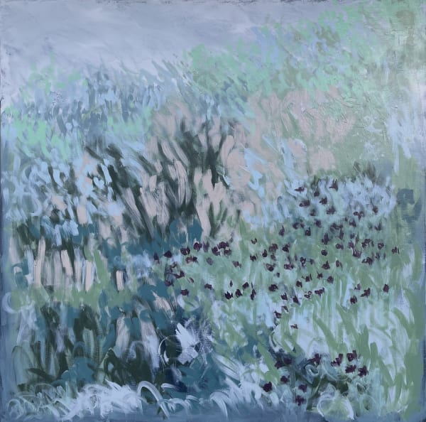 Claire Oxley oil on canvas painting of a landscape with a bunch of violets surrounded by colours of navy, deep green, periwinkle and dusky pink. Using a rhythmic mark making stroke style, Claire creates a semi abstract landscape.