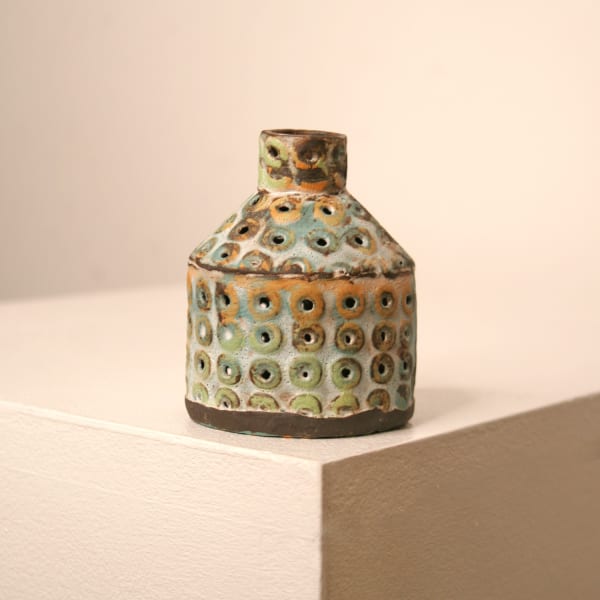 Elly Wall stoneware ceramic bottle vase with raised bumpy texture and sage, teal and orangle glazes