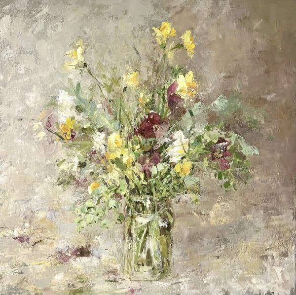Fletcher Prentice oil on canvas painting in an expressive and textural style of a glass jar with herreboles in, in colours purple and yellow, against a grey background