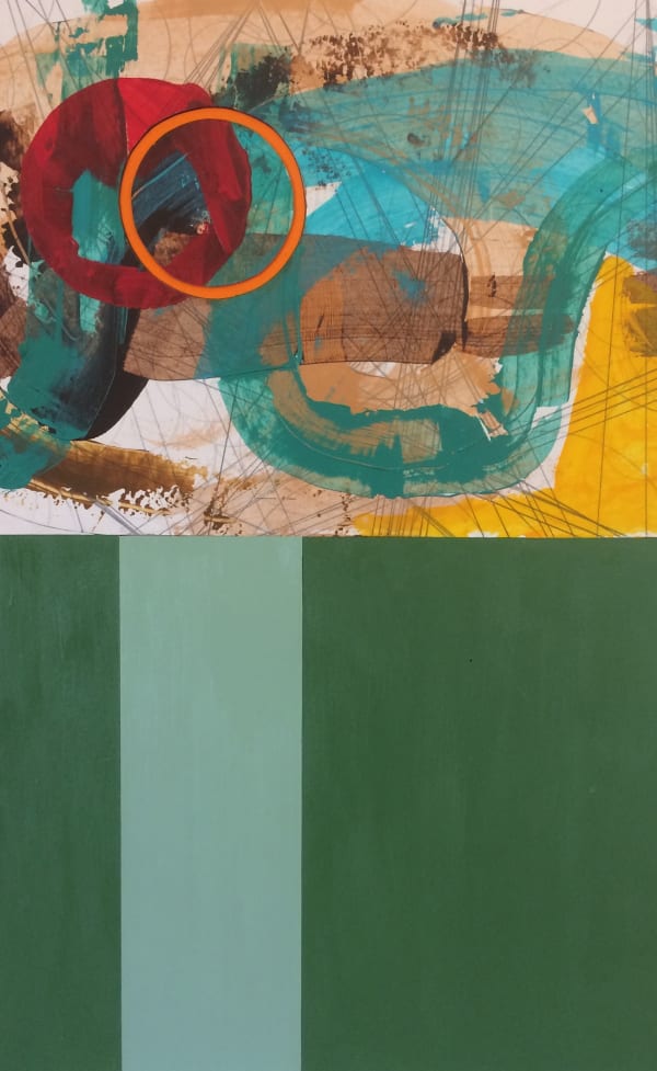 Mark Haddon acrylic piece on board, showing a split image - the top section showing turquoise, brown and yellow brush strokes with an orange and red circle layering above them, the bottom section shows a deep forest green background and a pale blue line