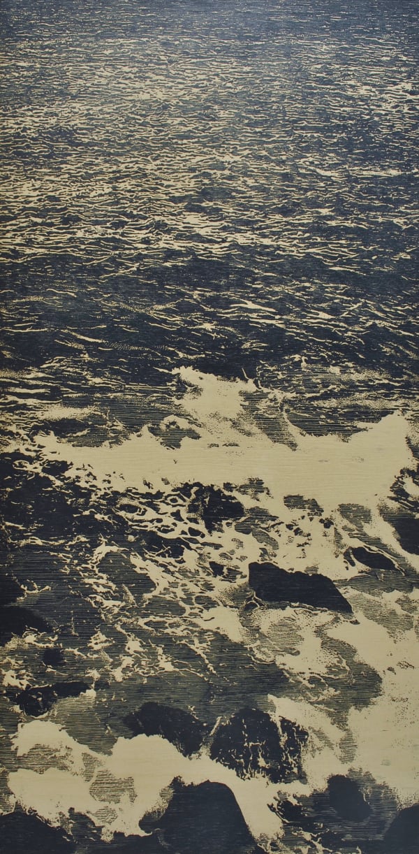 Trevor Price monochrome woodcut of the Cornish waves crashing against rocks in St Ives