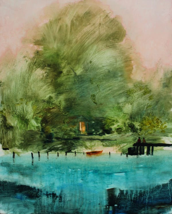 Daniel Ablitt painting looking back at the land from the water with a wooden barge emerging from the right with two figures sat next to one another, looking at a docked wooden boat