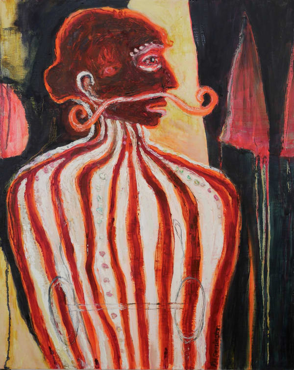 Rebecca Swainston painting of a circus strong man dressed in red and white, gazing with a look of surprise to his right