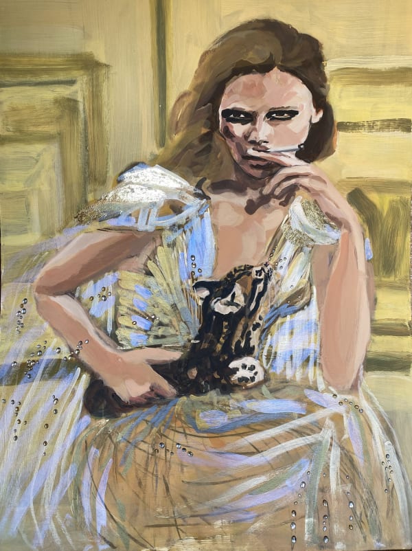 Veronica Wells a woman sits smoking in a grand room, wearing a dramatic gold dress, holding a Bengal cat.