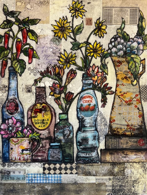 Vicky Oldfield collagraph print of an array of flowers in bottles with various drinks labels (varying from pineapple cider to brown ale) as well as a jug which is places on top of a stack of books and a mug.