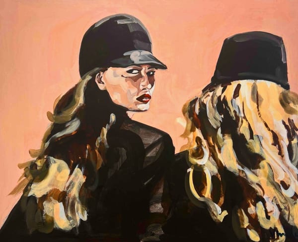 Veronica Wells figurative portrait painting of two women walking ahead, the left women looks back over her shoulder. Both are wearing black hats and coats with long blonde hair and the background is a salmon pink,