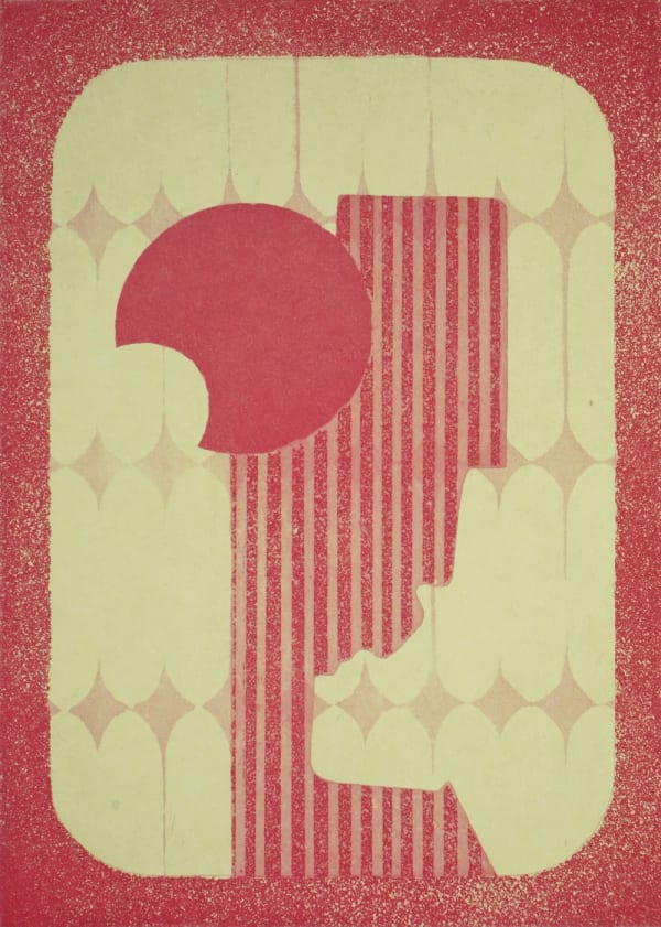 Claire Willberg print as part of her pink shelf series, a silhouette of an unknown object is shown displayed in pink on a shelf.