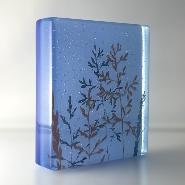 Helen Slater glass mini cast standalone sculpture with drawings of grass stems cast in Sky Blue and opaline glass