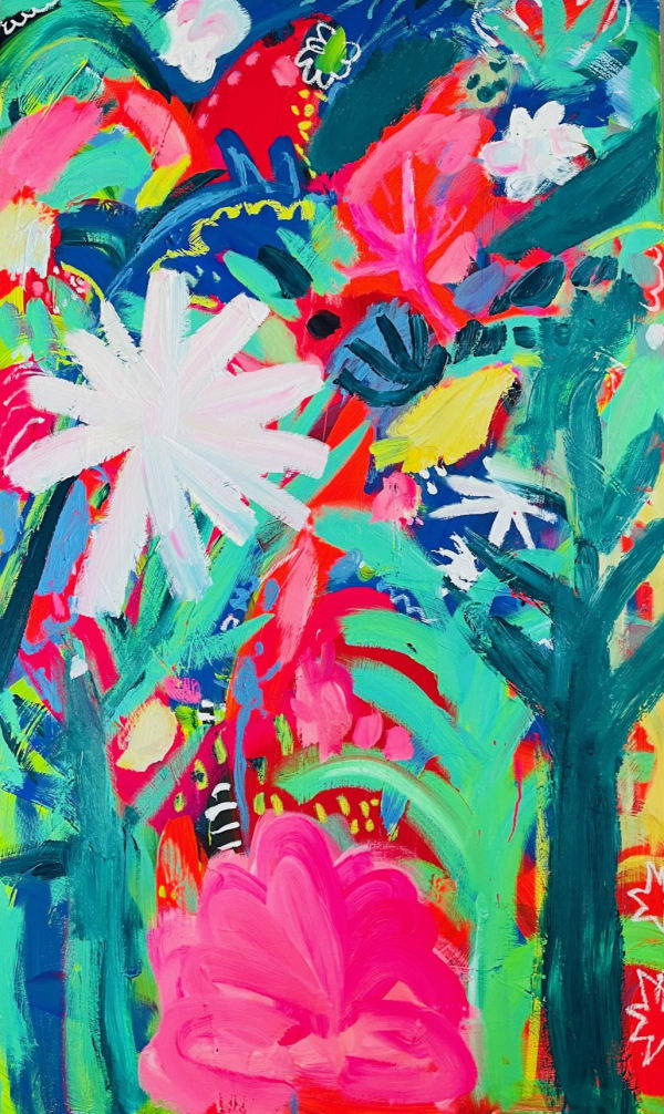 Emily Powell semi-abstract brightly coloured oil on canvas painting of a forest with a bright white snowflake.