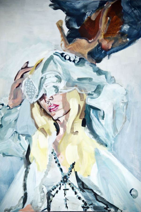 Veronica Wells painting of a lady wearing all white with long blonde hair, covering her face with a white handkerchief. a cloud of grey smoke can be seen in the background behind her head.