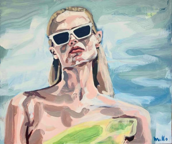 Veronica Wells editorial styke portrait of a woman with slicked black blonde hair, squared cat eye glasses and a lime green asymmetrical bandeau top. Her gaze goes directly ahead of her with her head tilted to the left.