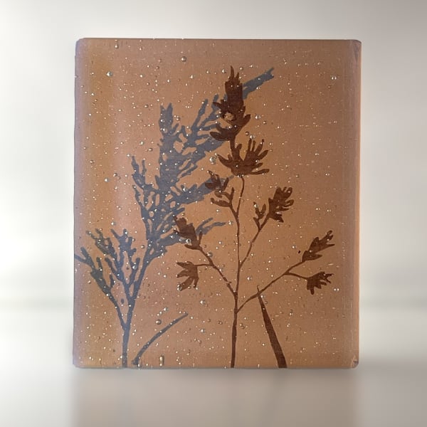 Helen Slater glass sculpture in dark amber and opaline glass with black and sepia drawings of grasses