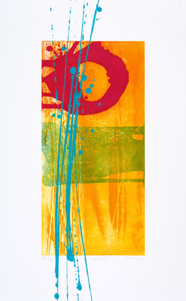 Charlotte Cornish abstract etching & hand applied paint in layers of yellow, orange, green and blue, applied in circular motions.