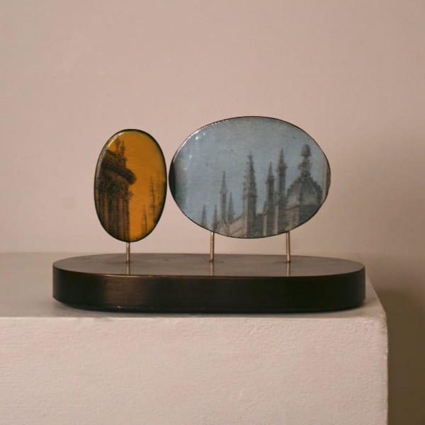 David Rhys Jones vitreous enamel and stainless steel sculpture with etching imagery of Oxford spires