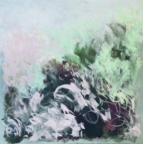 Claire Oxley oil on canvas painting of a beach view with a variety of plants in aqua, lilac, green and navy using a rhythmic mark making stroke style.