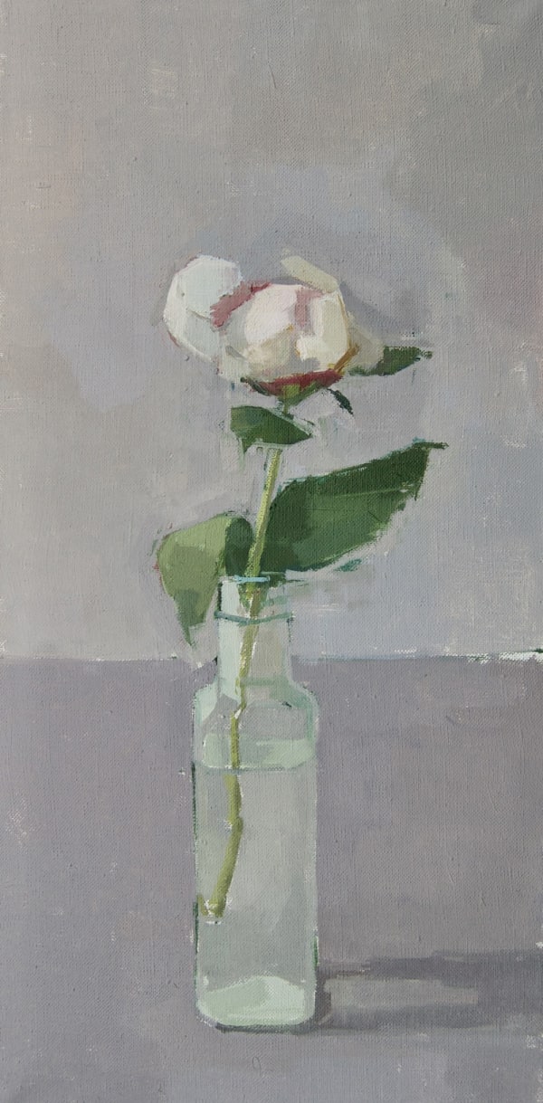 Sarah Spackman still life painting of a white peony bud on a glass bottle