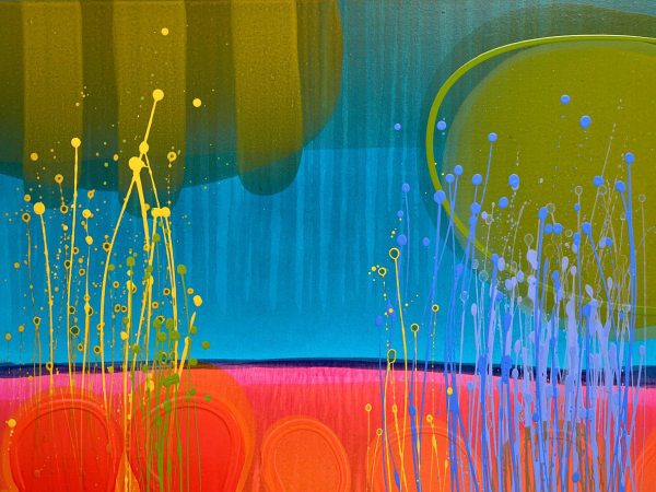 Charlotte Cornish abstract painting showing translucent layers of the colour blues, red, pink, and green