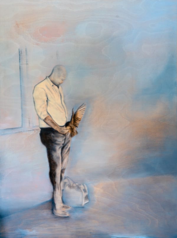 Zelga Simone Miller oil and charcoal painting of a male figure in a white shirt and black trousers and bag by his feet with a brown hawk flying into his hand as he looks down. The background is a washed blue colour.