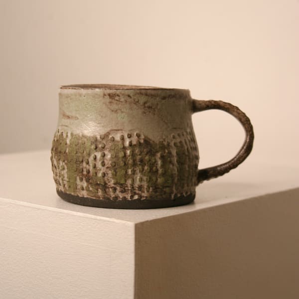 Elly Wall stoneware ceramic mug with raised bumped texture and sage green glaze