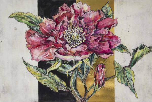A large scale print of a deep pink tree peony against a background in large blocks of white black and gold in stripes.