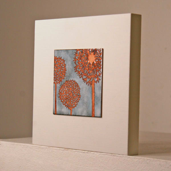 Janine Partington wooden panel with copper plate and vitreous enamel design of 3 dandelion heads