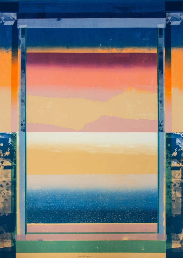 Angus Vasili silkscreen print of an abstracted landscape with layers of pinks, yellow, peach and blues with a polarised border