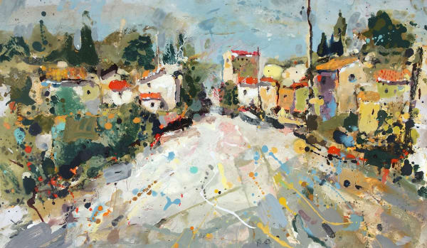 Andrew Hood painting, abstracted view of a road into a small village, traditional warm yellow buildings have terracotta rooves, and surrounded by deep green trees.