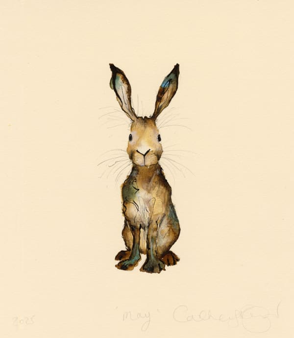 Catherine Rayner original painting of small brown hare, sat upright surrounded by cream coloured negative space