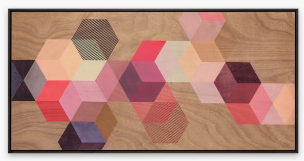 Emma Studd print on marine plyboard exploring the relationship between translucent colour and the hexagon - a path of hexagons overlap one another creating new colours and forms from the shape. Colours include deep purples, pinks, pale greens and blues.