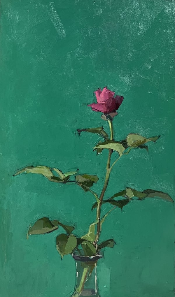Sarah Spackman painting on board of a long red rose against a bright green background