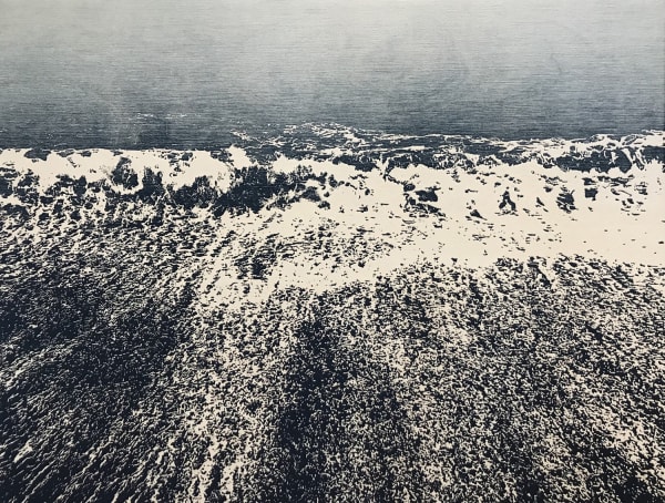 Trevor Price woodcut print detailing the waves and shoreline in St. Ives