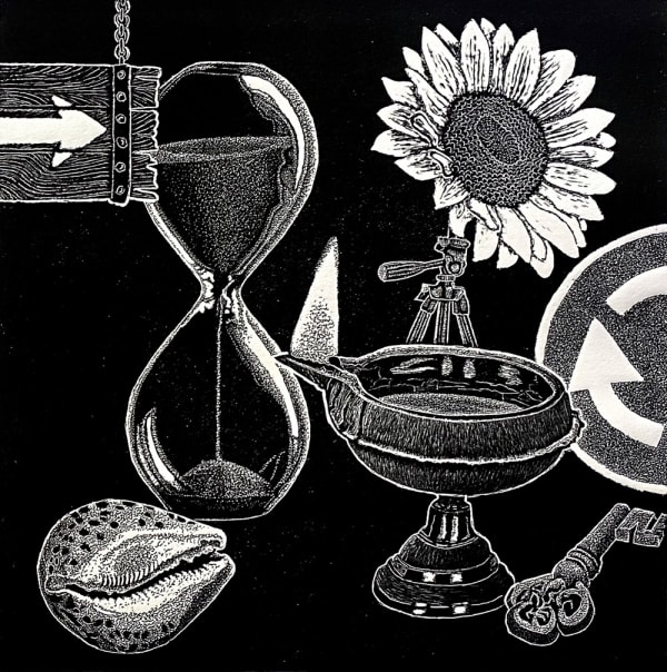 Ade Adesina small print in black and white of a few objects: a sunflower, hour glass, shell, key, oil lamp and road signs