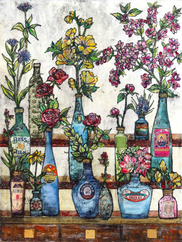 Vicky Oldfield collagraph print of several bouquets of flowers in vintage labelled glass bottle, in a row on a shelf.