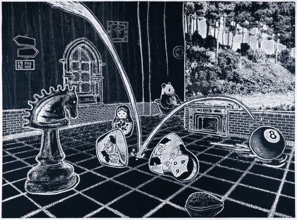 Ade Adesina tonal linocut print of a room with a tiled floor. showing chess pieces, an 8 ball, two halve of a Russian doll breaking into, a landscape out the window in the background