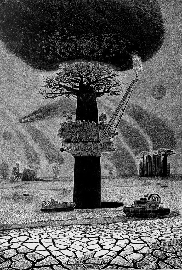 Ade Adesina black and white print of a tree standing in a dry landscape, an industrial structure attached to its trunk, stranded boats in the foreground and baoabab trees seen in the distance.