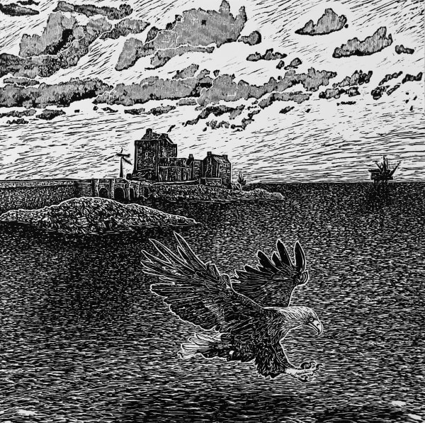 Ade Adesina black and white print of a costal landscape with an eagle in the foreground, a windturbine in the middle ground and an oil platform in the distance.
