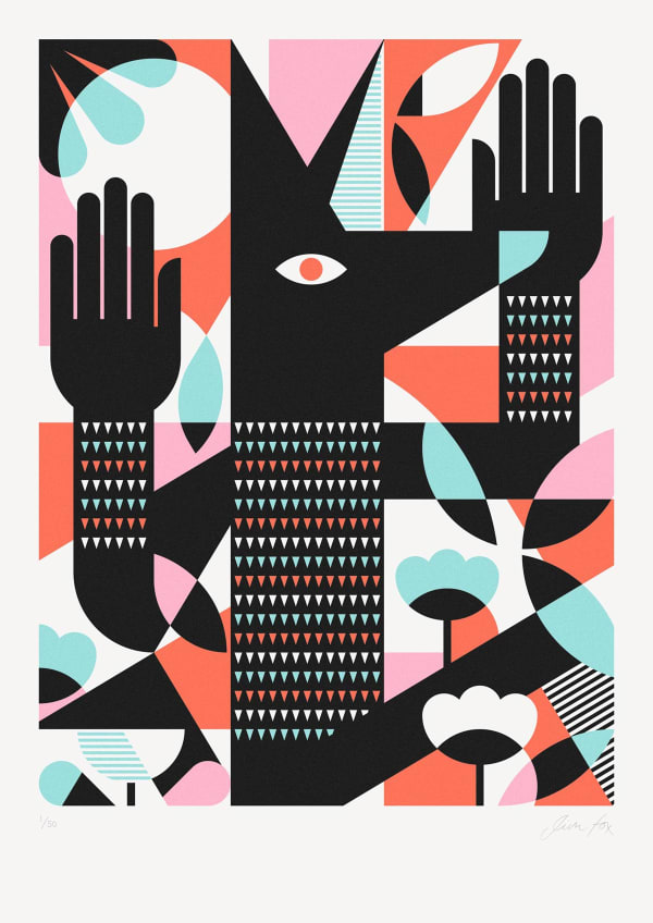 Jim Fox silkscreen print of a dancing wolf, with abstracted shapes in pink, orange, blue and black