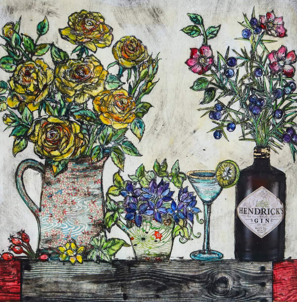 Vicky Oldfield print of an array of colours flowers, arranged in glass jugs and gins bottles, with a cocktail glass positioned in the centre of the composition.