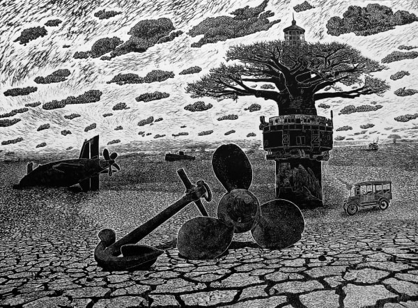 Ade Adesina black and white print of desolate, dry land with an abandoned anchor in the foreground, a submarine behind it, a lighthouse merging with a baobab tree.
