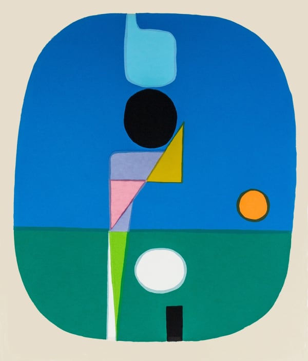 Hetty Haxworth abstract silkscreen, a blue and green oval, split like a landscape is interspersed with other colourful shapes