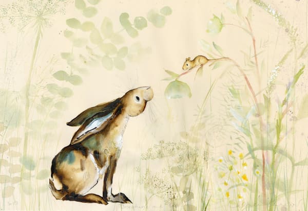Catherine Rayner original painting of a hare sat looking up and a mouse sitting on a leaf, the background is full of leafy green foliage