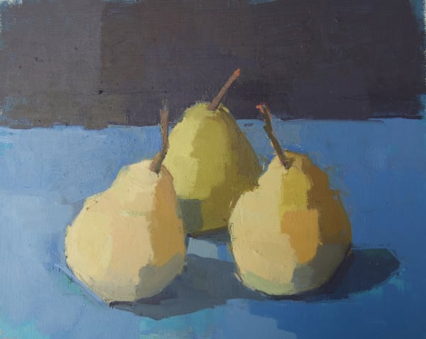 Still life painting of three pears on a blue background by Sarah Spackman