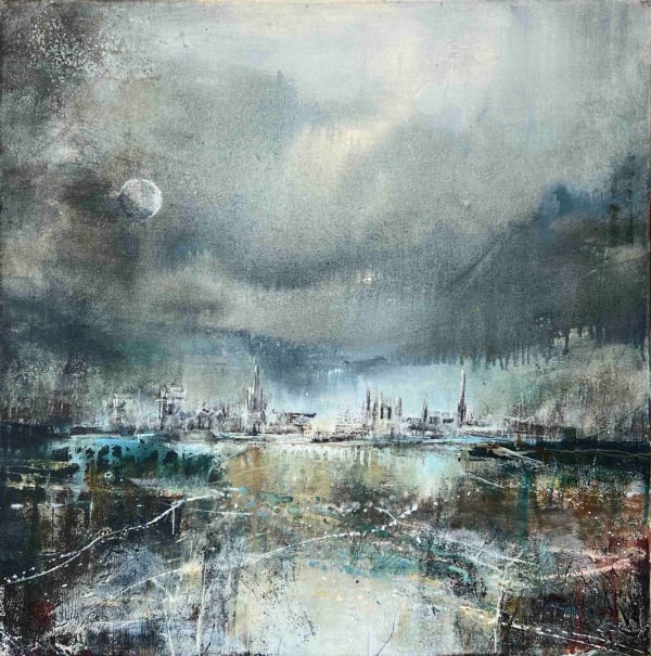 Bee Bartlett mixed media on canvas semi-abstract landscape a distant Oxford skyline overlooking a lake, a full moon seen to the left hand side