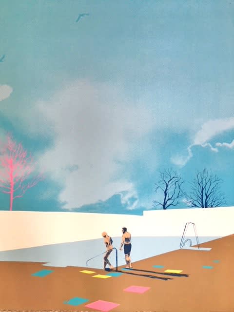 Anna Marrow screenprint of two swimmers getting into a pool with a pale blue sky. coloured tiles are situated around the floor.