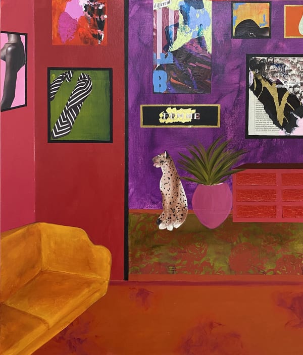 A colourful painting of an interior by Dawn Beckles in reds and purples, a yellow sofa in the foreground to the left, abstract artworks on the walls and a leopard in the centre background along with a potted exotic plant.